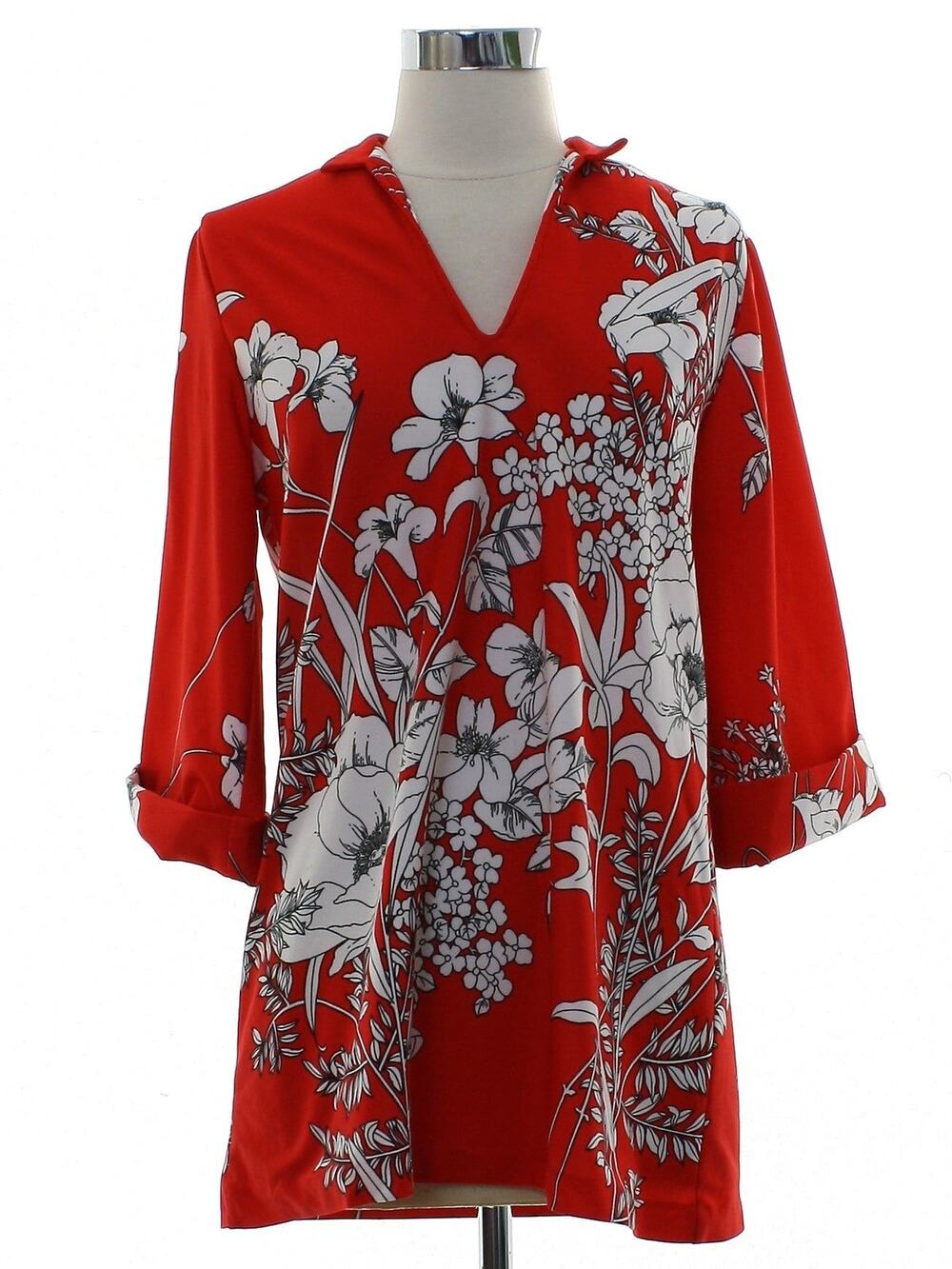 Vintage 80s Teddi Red White Floral Tricot Knit Tunic Top Women's S/M